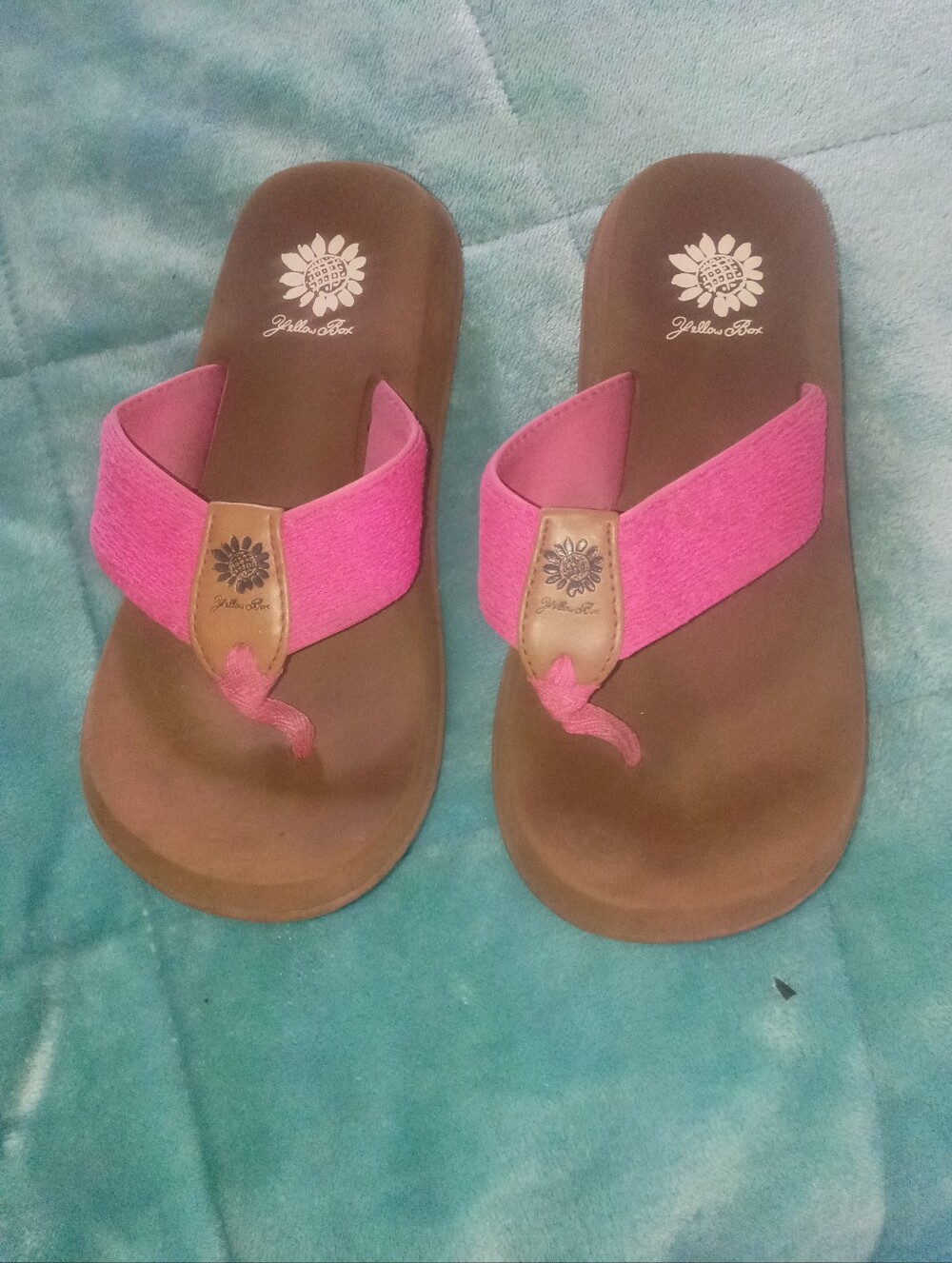 Yellow Box Pink Strap Brown Footbed Thong Sandals